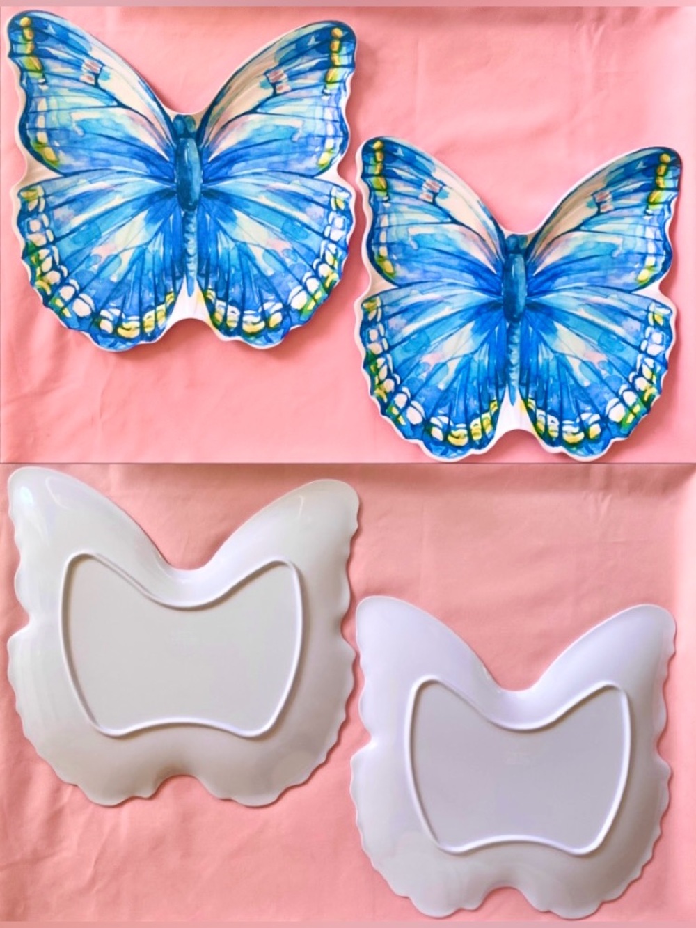 2 Big Butterfly Plates Watercolor Blue Pink Yellow Food Party Dining Shabby Chic